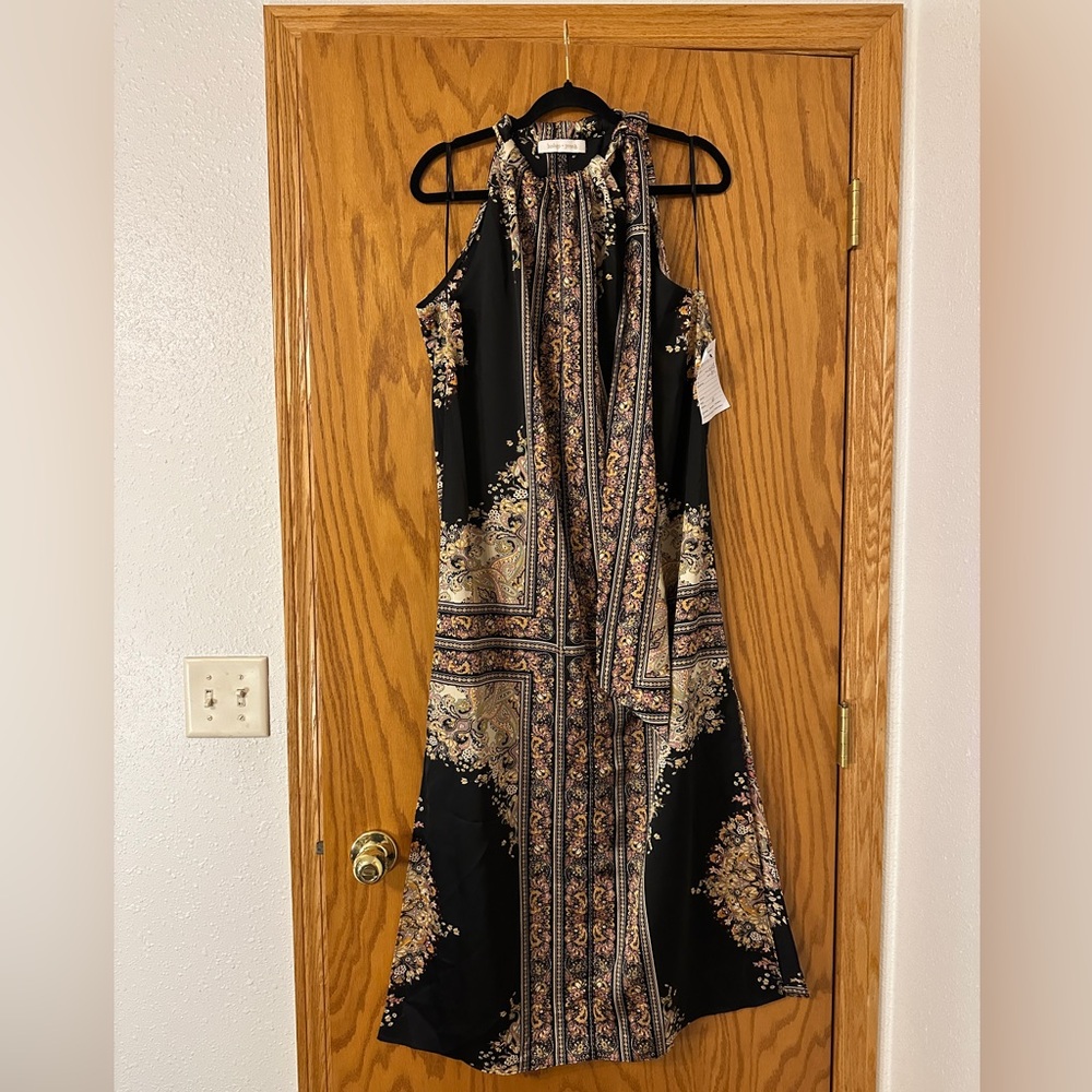 Bishop + Young Black and Gold Midi Halter Dress - NWOT - Size L/XL (estimated)
